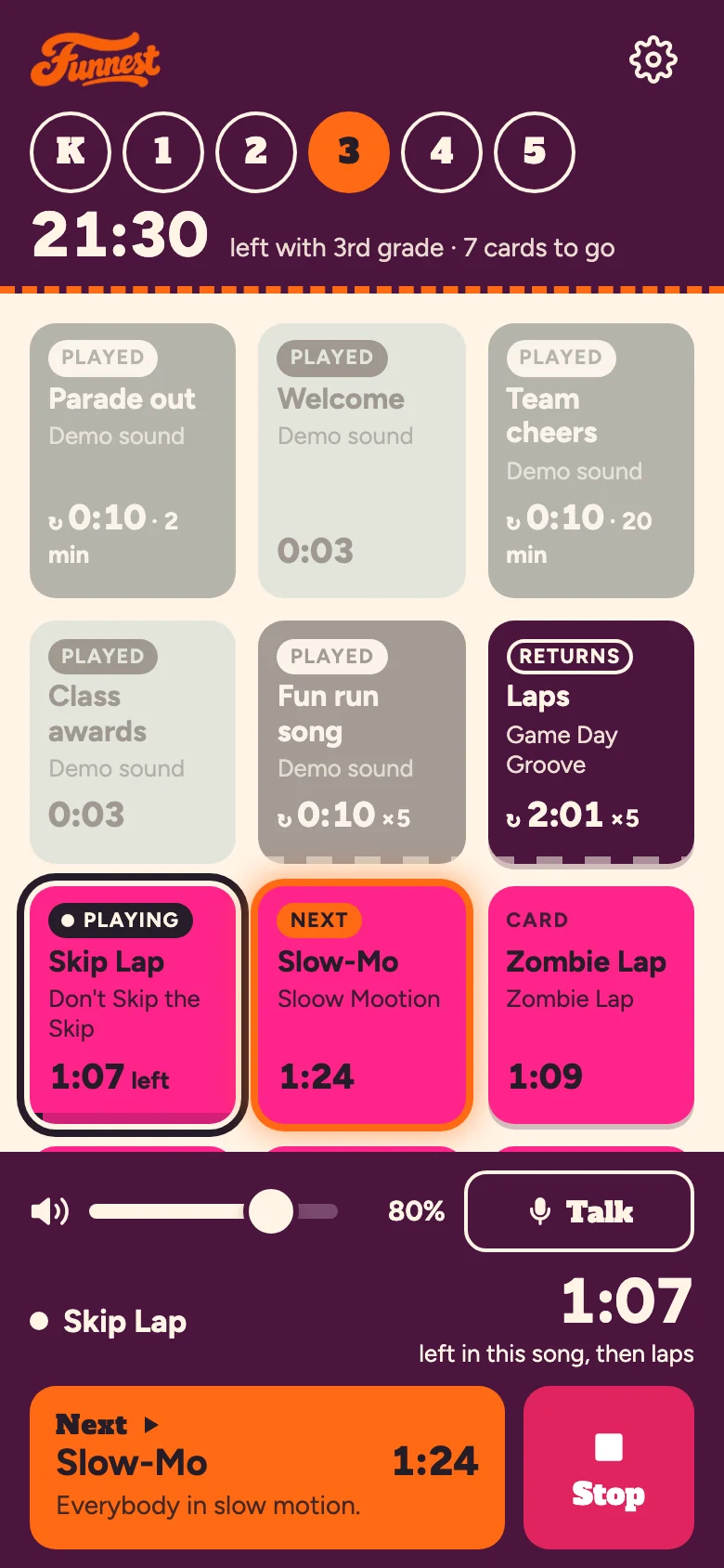 The Funnest run-day app on a phone: grade buttons, the heat clock and song tiles, with Skip Lap playing and Slow-Mo up next