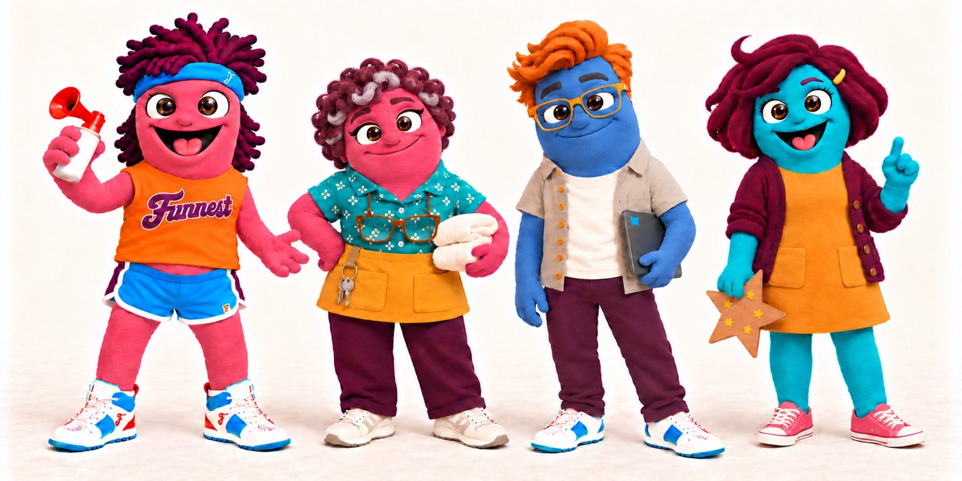 The cast in felt: Mo in his Funnest tank with his air horn, his mom Miss Penny in an apron, his roommate Reese with a tablet, and his friend Emma holding a paper star