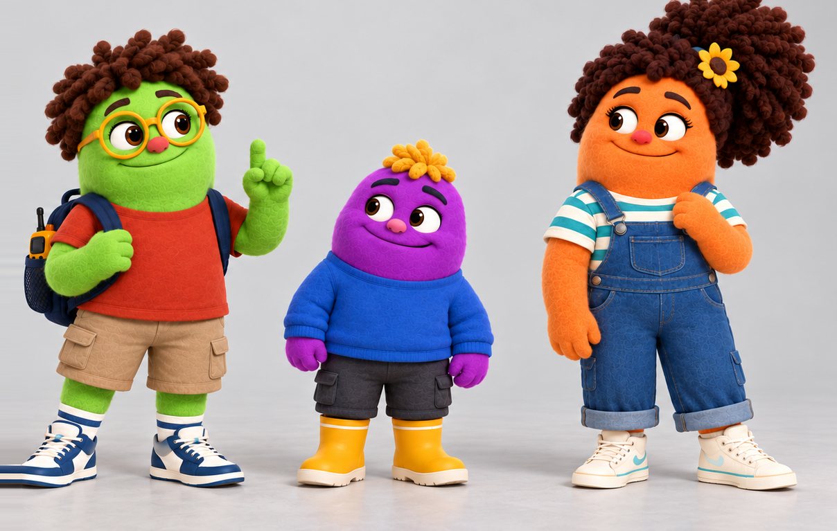 The neighborhood kids in felt: Benji with glasses and a backpack, Ollie in a blue sweater and yellow boots, and Amara in overalls with a sunflower in her hair